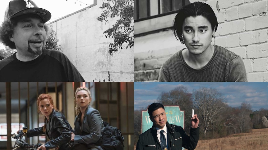 4 images Malcolm spellman smiles, Remy Hii sitting, Scarlett Johansson & Florence Pugh on a motorbike, Randall Park holds a card
