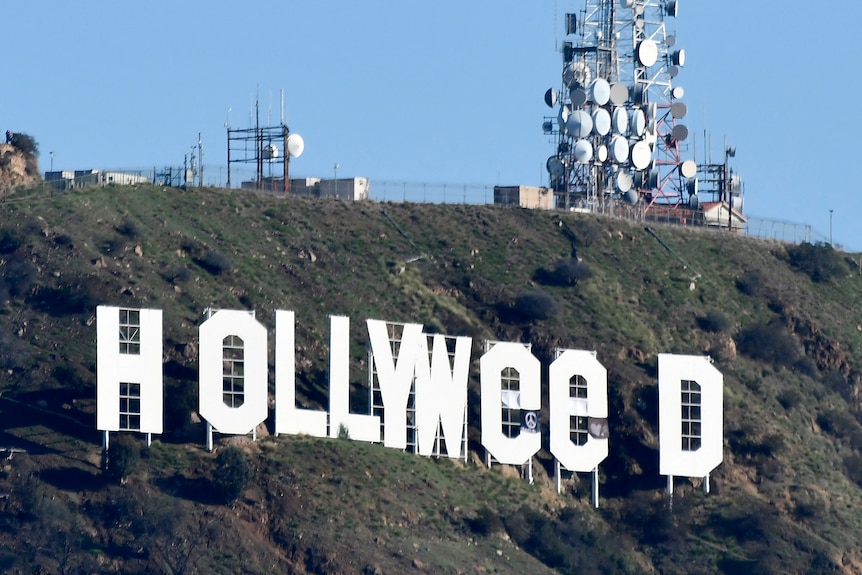 The famous Hollywood sign reads "Hollyweed"