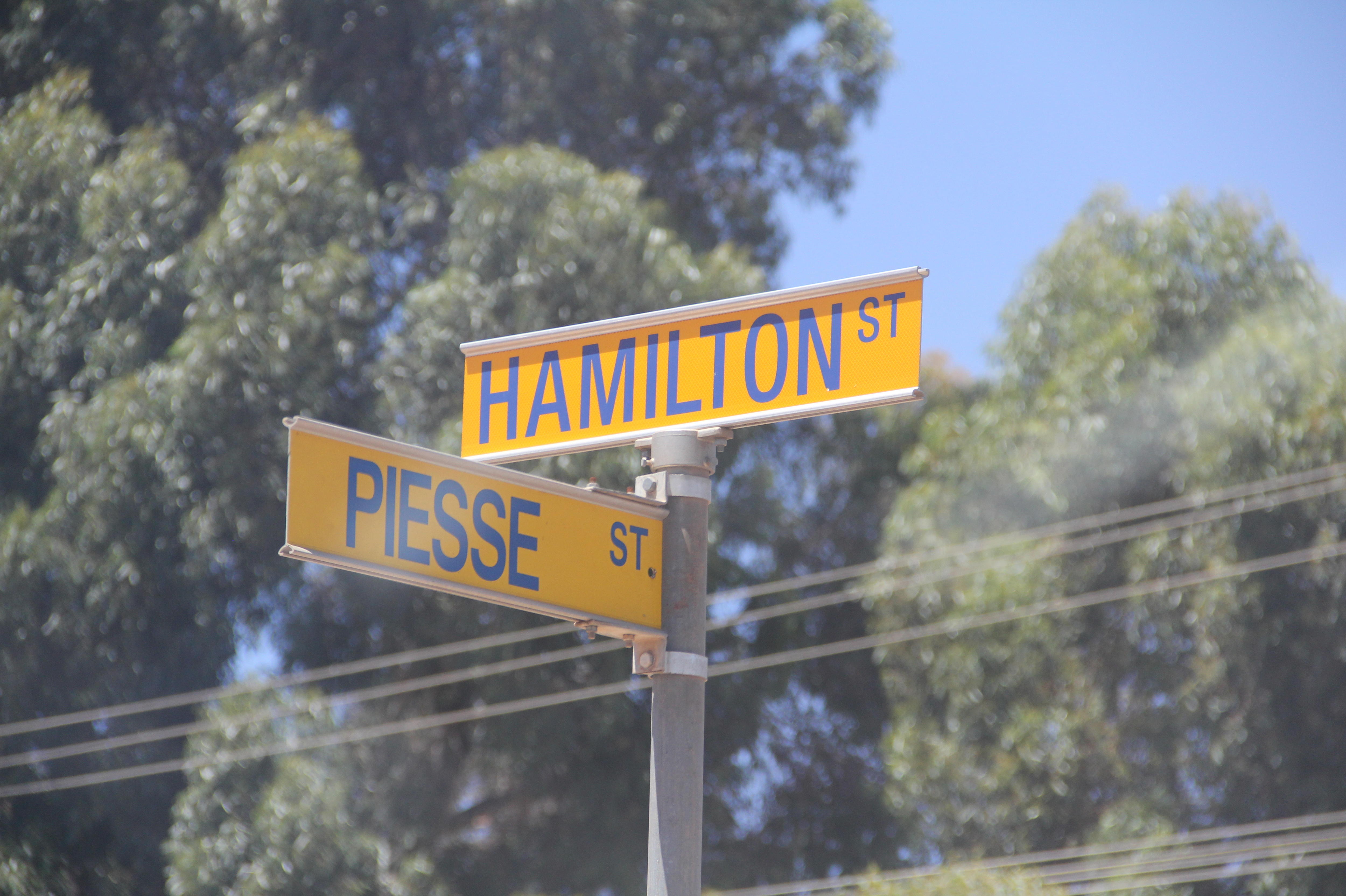 Yellow street signs, Hamilton St and Piesse St.