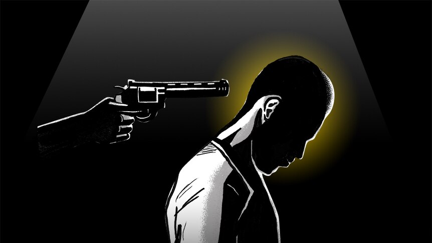 Dark illustration of man with gun to head.
