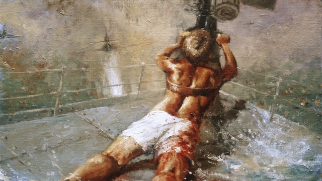 Dale Marsh's painting of Ordinary Seaman Teddy Sheean depicting him strapped to a gun on HMAS Armidale.