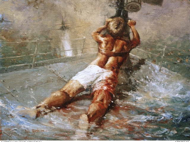 Dale Marsh's painting depicting Teddy Sheean strapped to a gun on HMAS Armidale hangs in the Australian War Memorial.