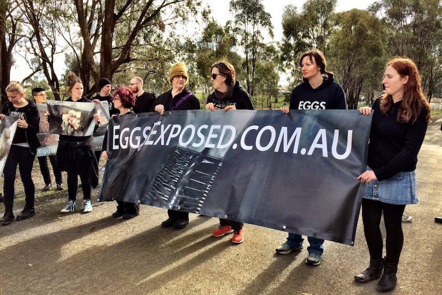 Bendigo egg protestors with banner