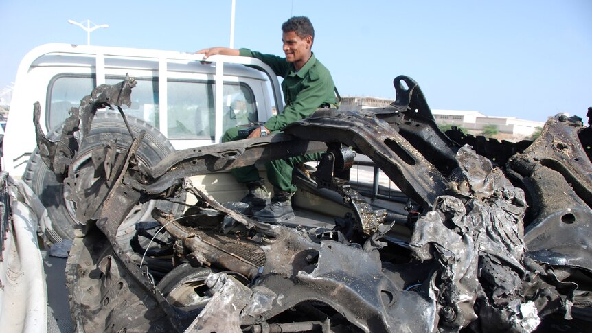 The wreckage of a car bomb in Yemen