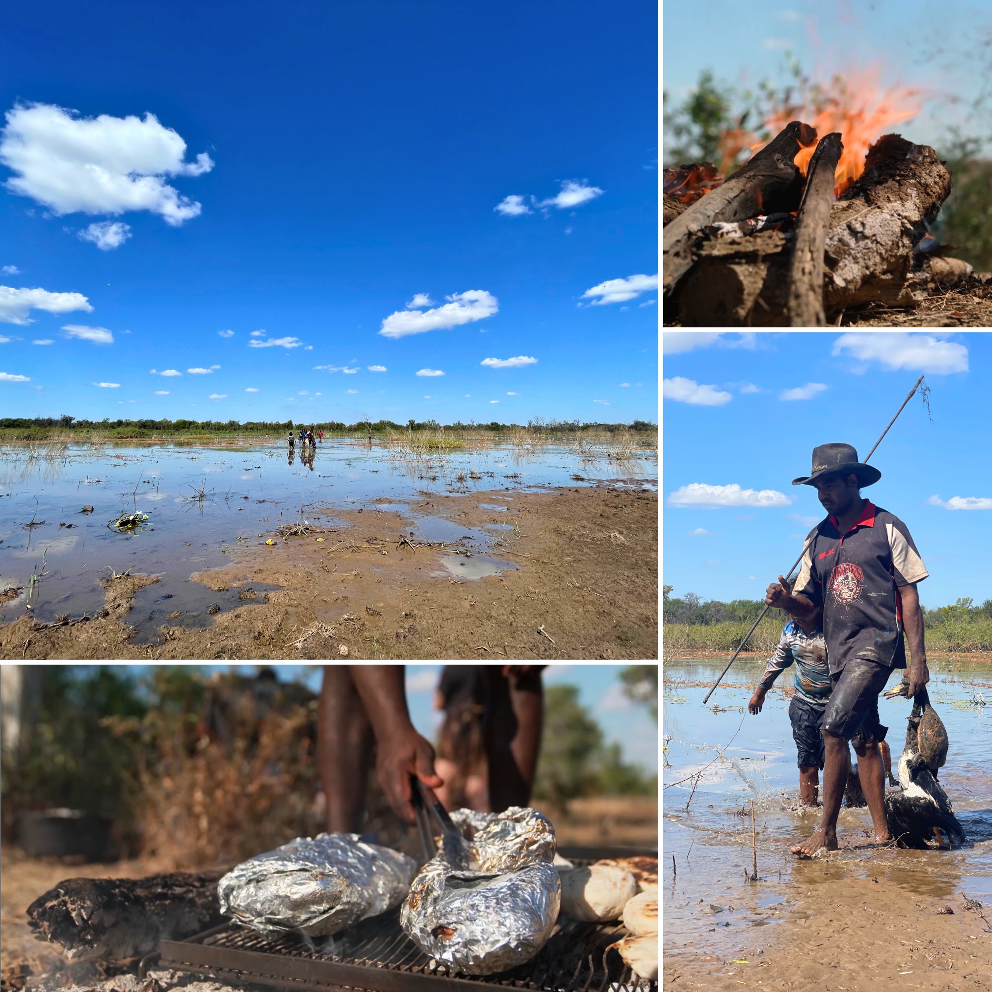 A man walks through the mud holding a spear, a turtle and a bush turkey