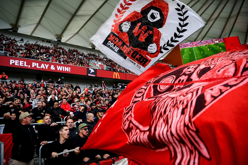 Huge red, white and black flags fly over the crowd.