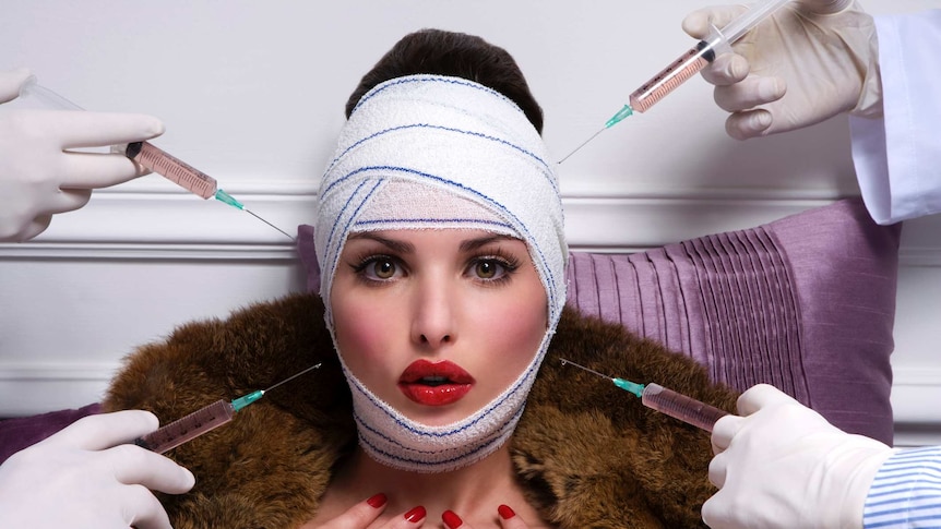 A stylised image of young women with medical bandage and a fur-coat having facial injections