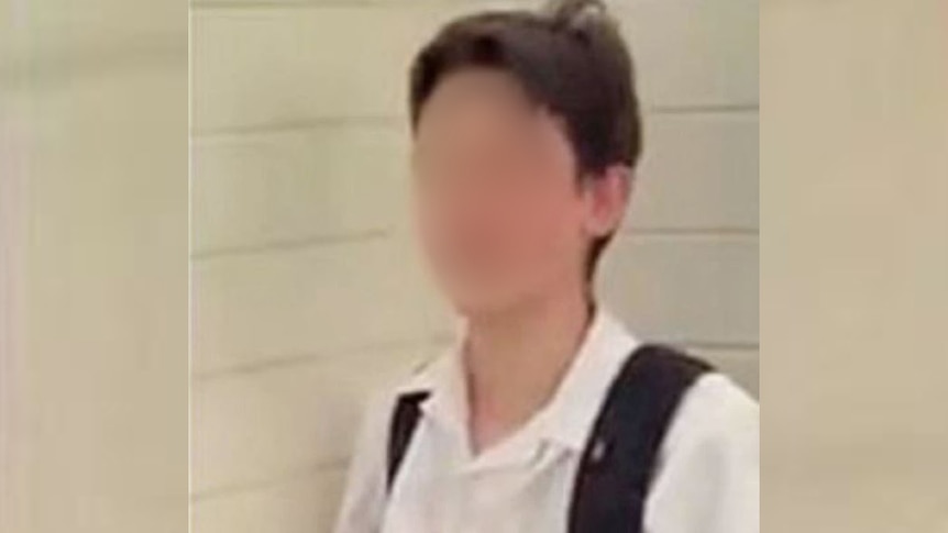 A schoolboy wearing a black backpack with his face digitally blurred.