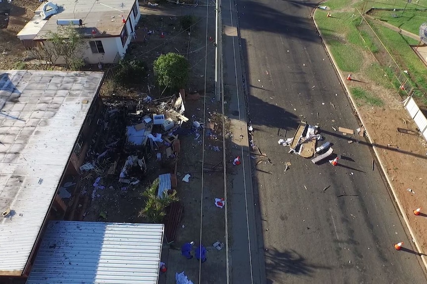 Aerial vision shows the damage done by a fatal caravan explosion