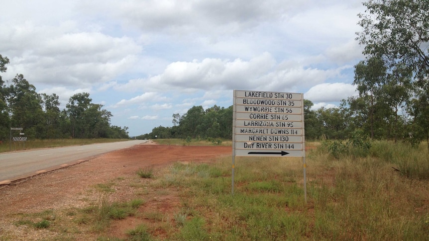 a sign posts along Gorrie Road which heads to the Sturt Plateau, West of Larrimah.