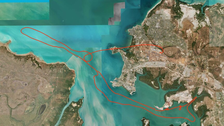 An aerial view of Darwin with a red line showing where a helicopter flew.