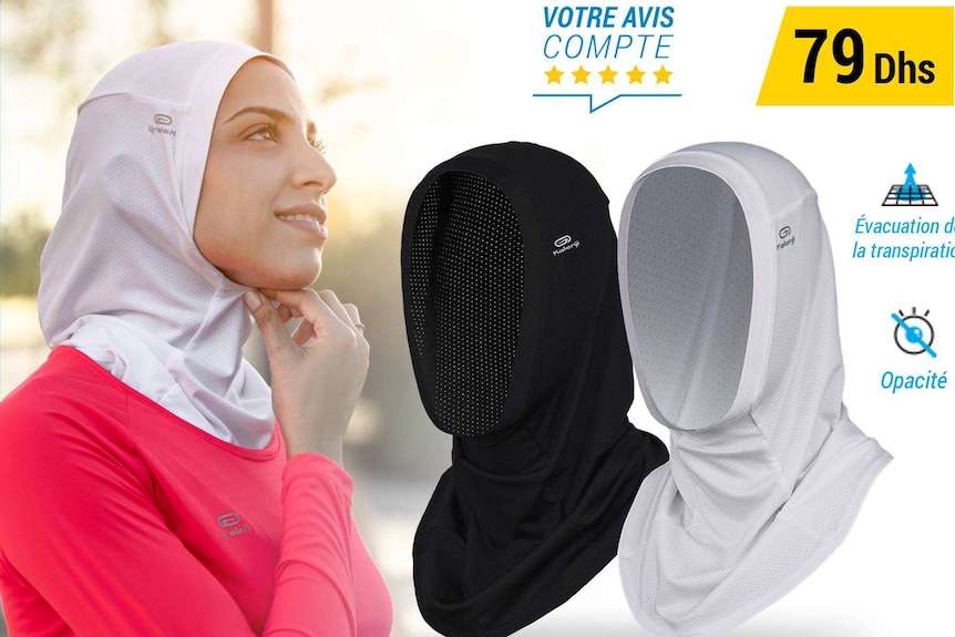A promotion for a running hijab by Decathlon.