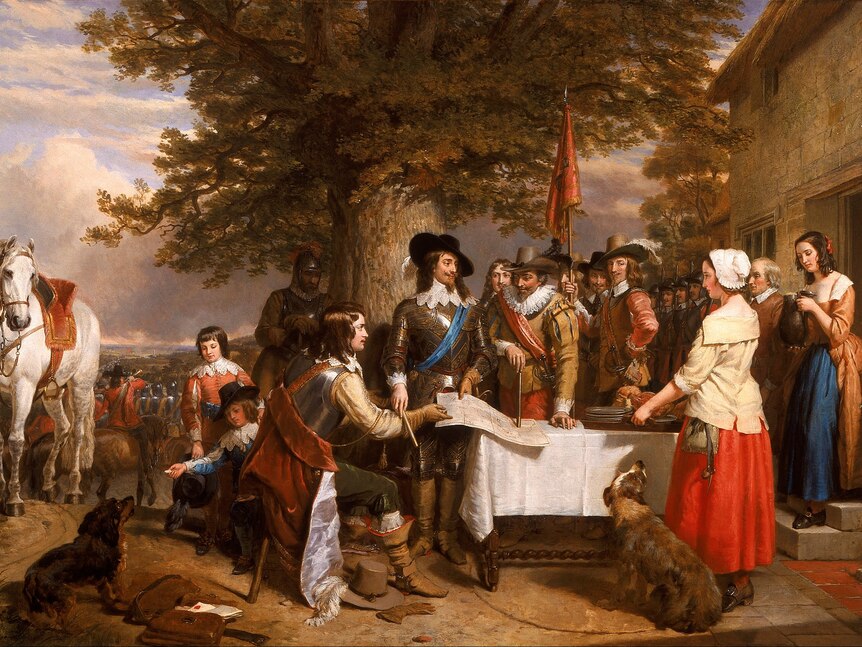 A painting of a group of people gathered around a table under a tree. Charles, in the middle, holds a map