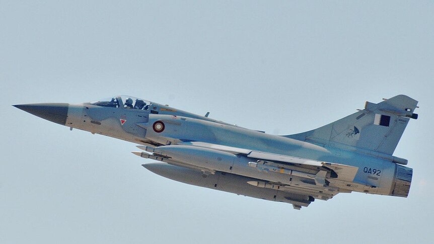 A Qatar Emiri Air Force Dassault Mirage 2000-5 fighter jet takes off.