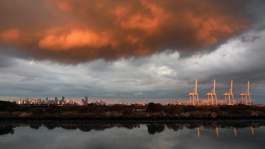 Storm clouds over Melbourne, as rainfall lashes the city.