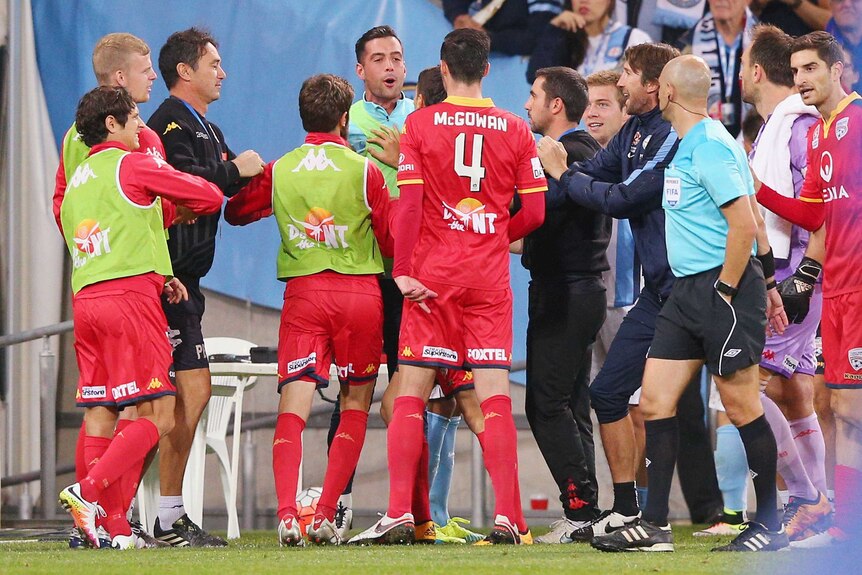 Melbourne City and Adelaide United players brawl at half-time