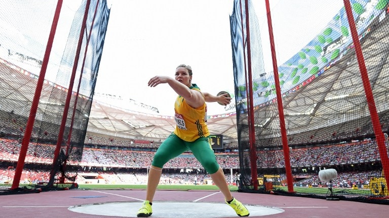 Australia's Dani Samuels competes in the qualifying round of the women's discus