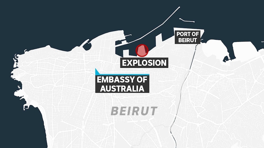 A map shows the location of the blast and the Australian embassy.
