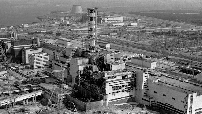Areal view of the Chernobyl nuclear power plant shows half the building ruined from the explosion