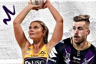 Poster image of two sports player — a netballer and a rugby league player.