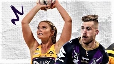 Poster image of two sports player — a netballer and a rugby league player.