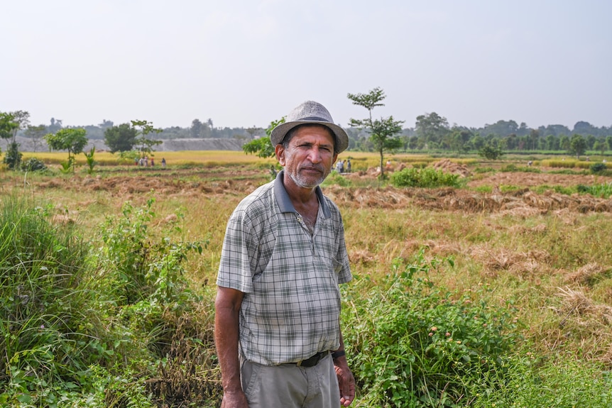 A man in a polo shirt and fedeora stands in a grassy field.