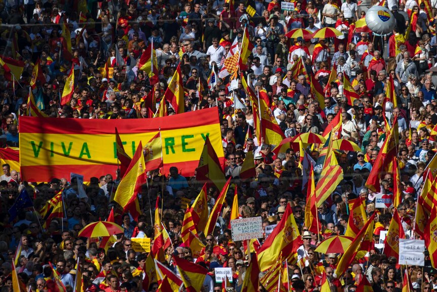 Close up of hundreds of demonstrators holding the Spanish flag