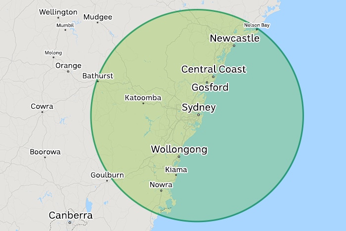 A map showing a 100 mile radius from Sydney, where the federal capital was to be found.