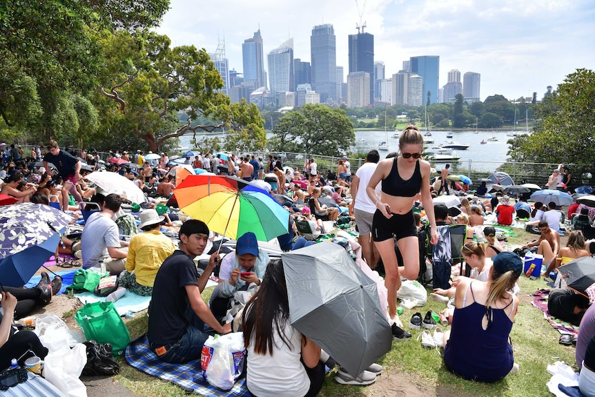 Hundreds of people are seen sat on a hill with a good view of the Sydney CBD ahead.