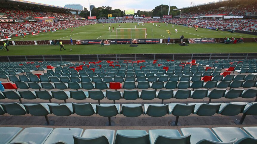 Empty seats at the Wanderers-Roar clash at Parramatta Stadium