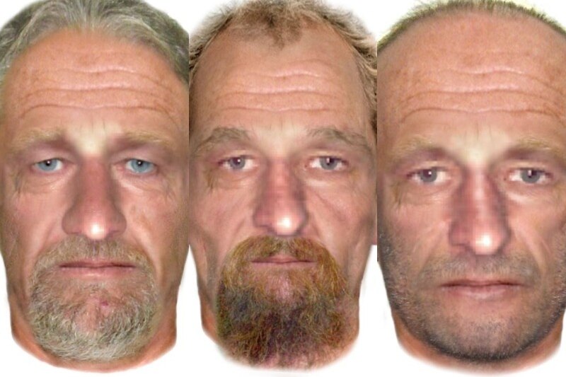 A composite of three illustrations of what police said in 2013 John Victor Bobak could have looked like then