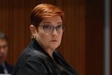 Marise Payne sits in front of a desk, a severe expression on her face.