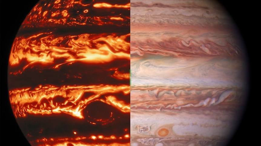 A composite image of a blazing orange planet on left and smooth white and pink planet on the right 