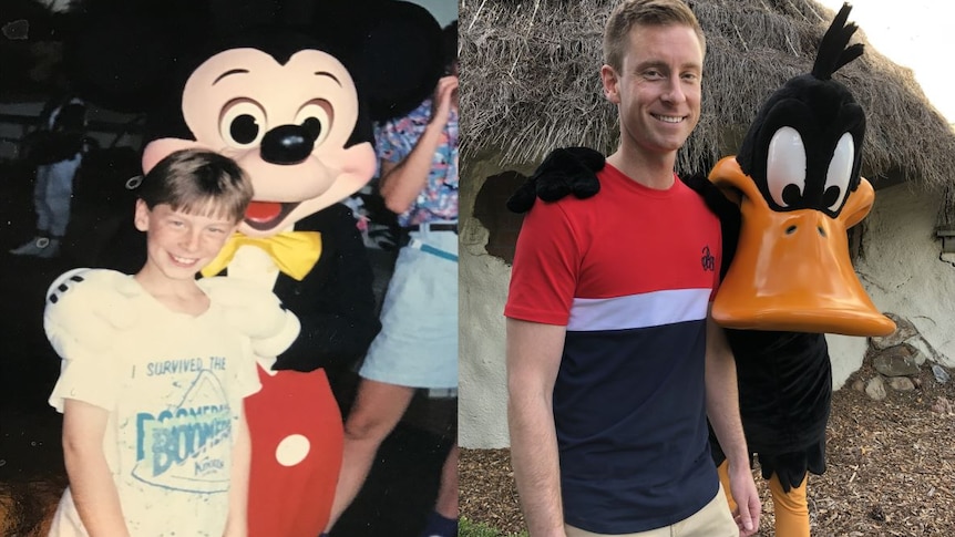 Andrew Grover visiting Disneyland as a seven-year-old and Movie World as a 34-year-old