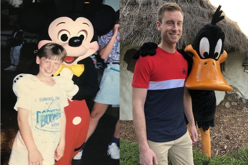 Andrew Grover visiting Disneyland as a seven-year-old and Movie World as a 34-year-old