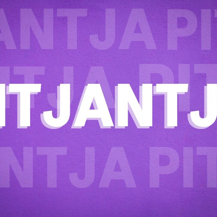 The word 'pitjantja' is written in bold white text with a purple background. 