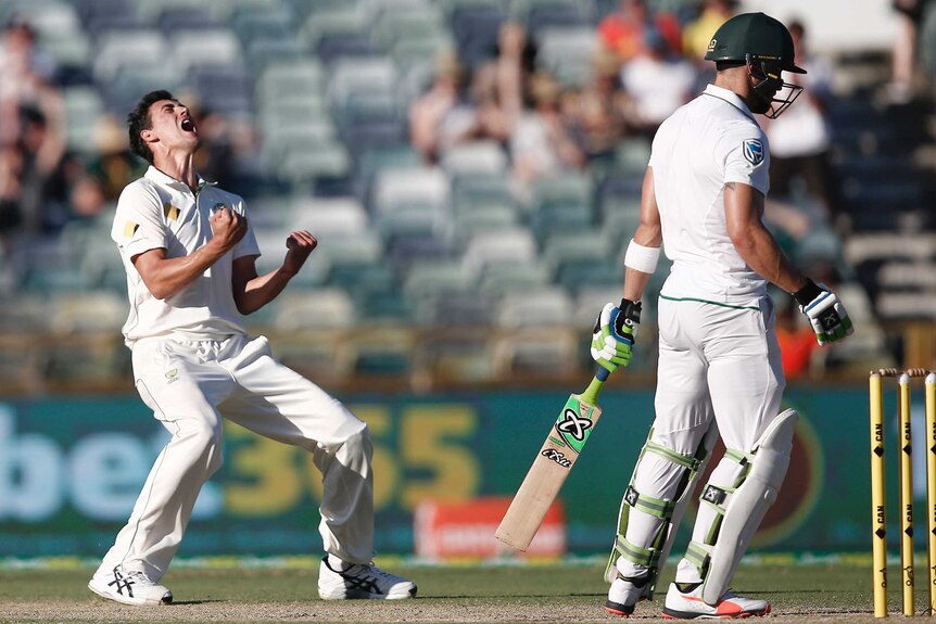 Mitchell Starc celebrates a wicket for Australia on day three at the WACA