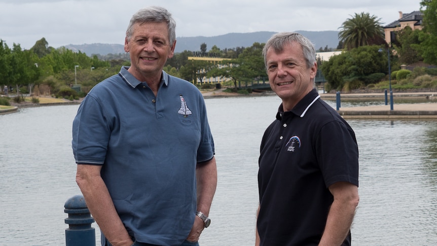 Astronauts Jean-Jacques Favier and Bob Thirsk at Mawson Lakes in Adelaide.