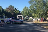 A police car in the middle of a street, with a line of ambulances int he background.