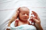 Close-up of a newborn baby in mother's hands, in hospital.