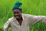 A worker applying fertiliser to a rice field in northern Tanzania.