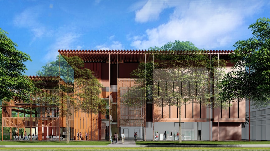 An architectural design shows a terracotta-coloured art gallery standing on a green lawn.