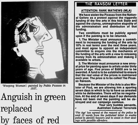 A carta de resgate, entregue a Race Mathews, foi publicada no jornal The Age em 1986.