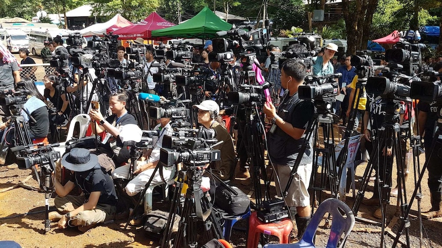 The cameras of the world's media set up, ready for the latest details of the rescue.