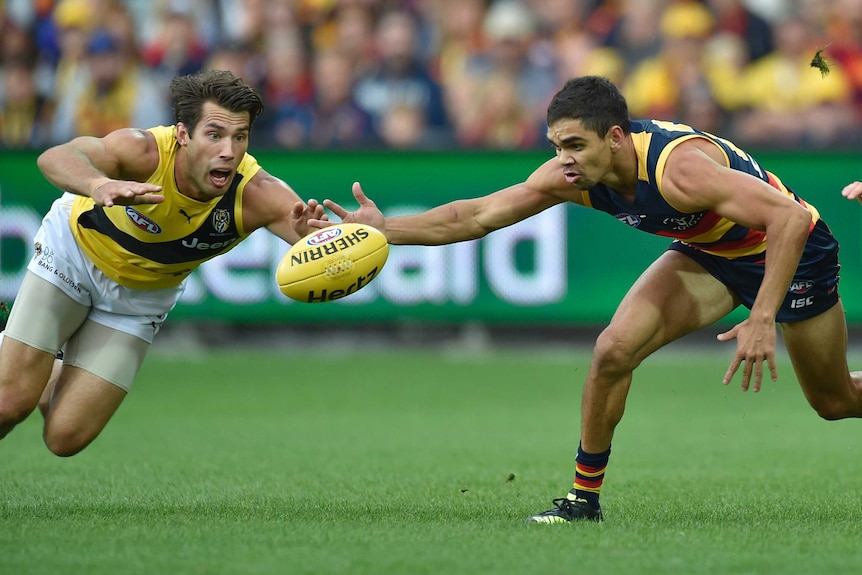 Alex Rance of the Tigers and Charlie Cameron of the Crows contest the ball at Adelaide Oval.