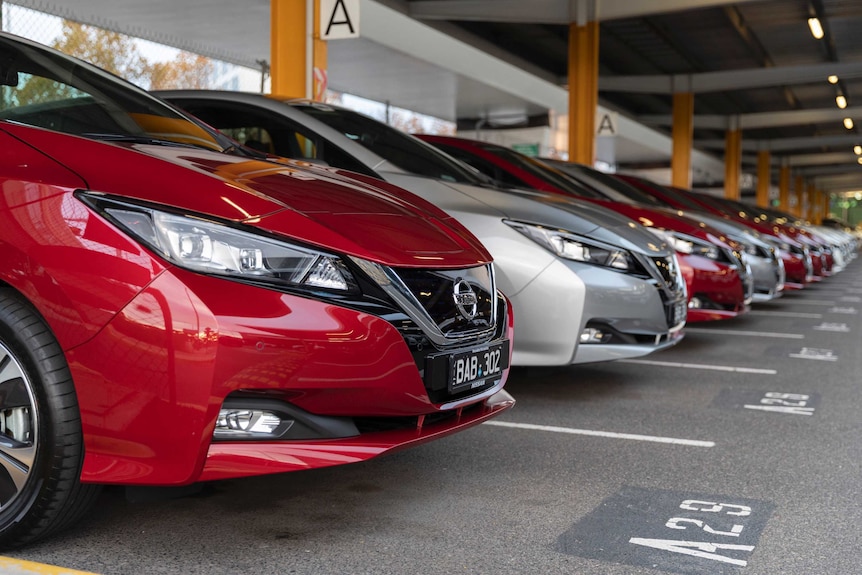 A row of cars parked under cover.