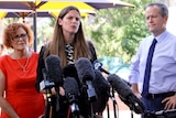Kate Ellis speaks to the media flanked by Bill Shorten and Cathy O'Toole