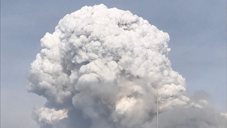 A large cloud can be seen above bushfire smoke