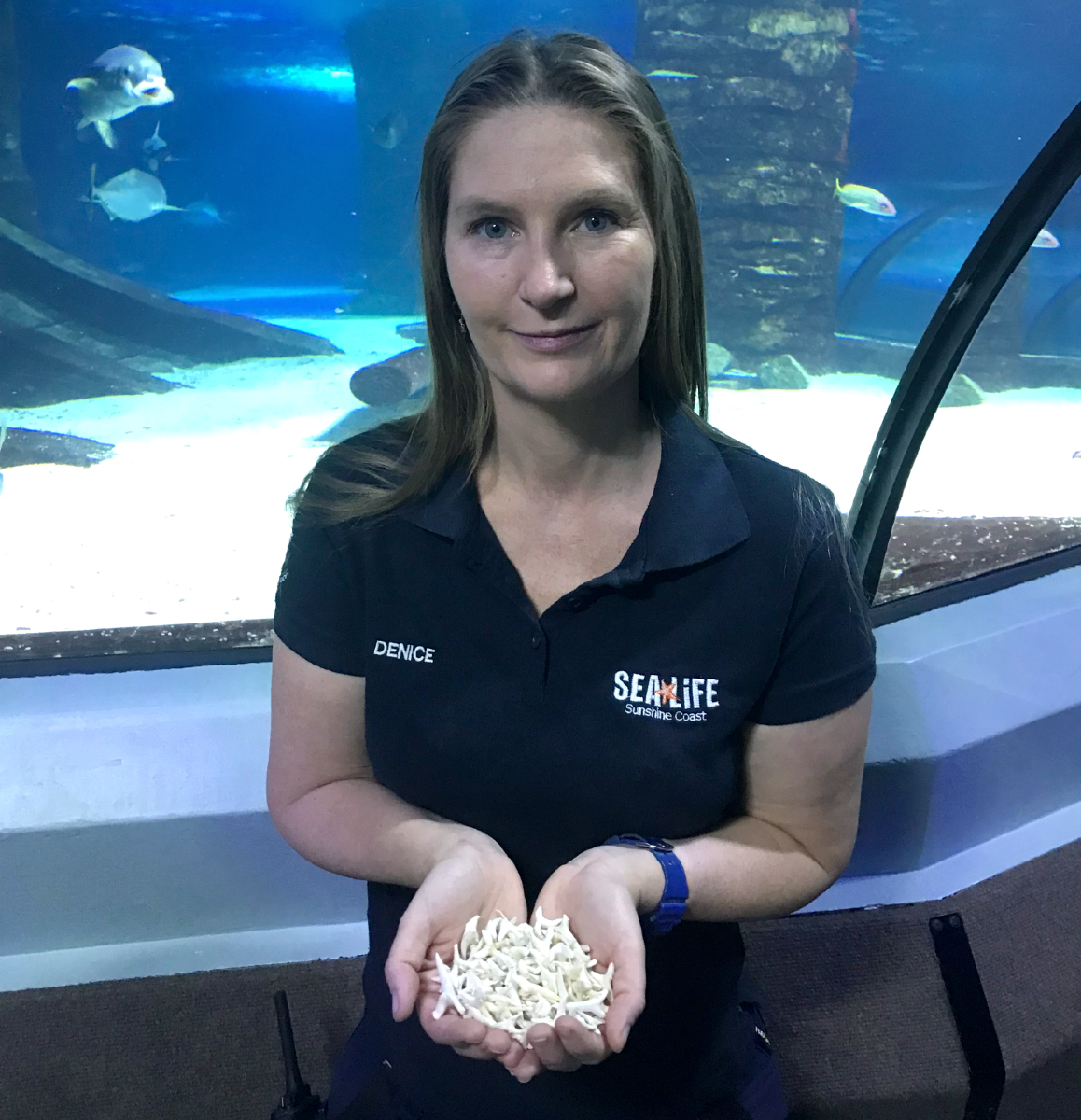 Woman standing in front of an aquarium holding shark teeth