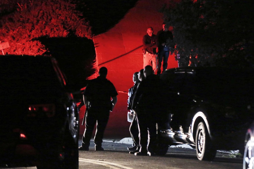 Six police officers are seen standing on the road with red lights behind them. There are two cars in the shot.